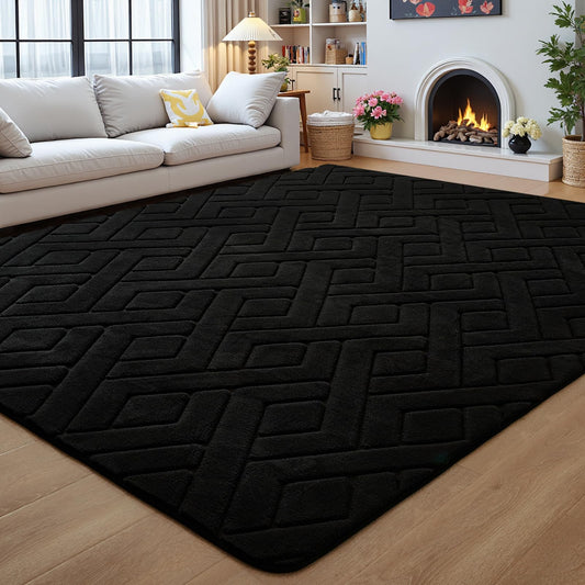 Flagover 4x6 Black Washable Area Rug for Bedroom, Modern Geometric Shag Non-Slip Living Room Rugs, Fluffy Plush Soft Memory Foam Carpet for Kids Boys Room Nursery Room Dorm Bedside Decor
