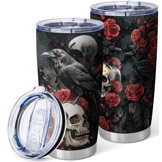 Equoza Halloween Skull and Raven Tumbler, 20oz Insulated Stainless Steel Coffee Travel Mug with Lid, Gothic Horror Cup for Women Men, Funny Spooky Tumbler for Her