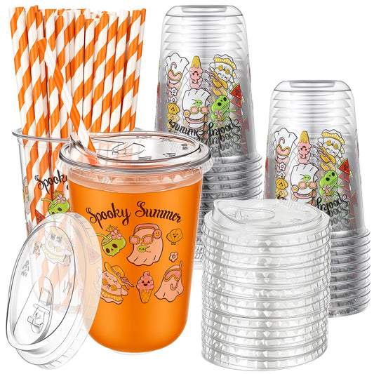 Rtteri 50 Sets Spooky Summer Plastic Cups with Lids and Straws 16 oz Disposable Clear Ghost Themed Cups Bulk for Iced Coffee Juice, Summer Halloween Birthday Party Decorations