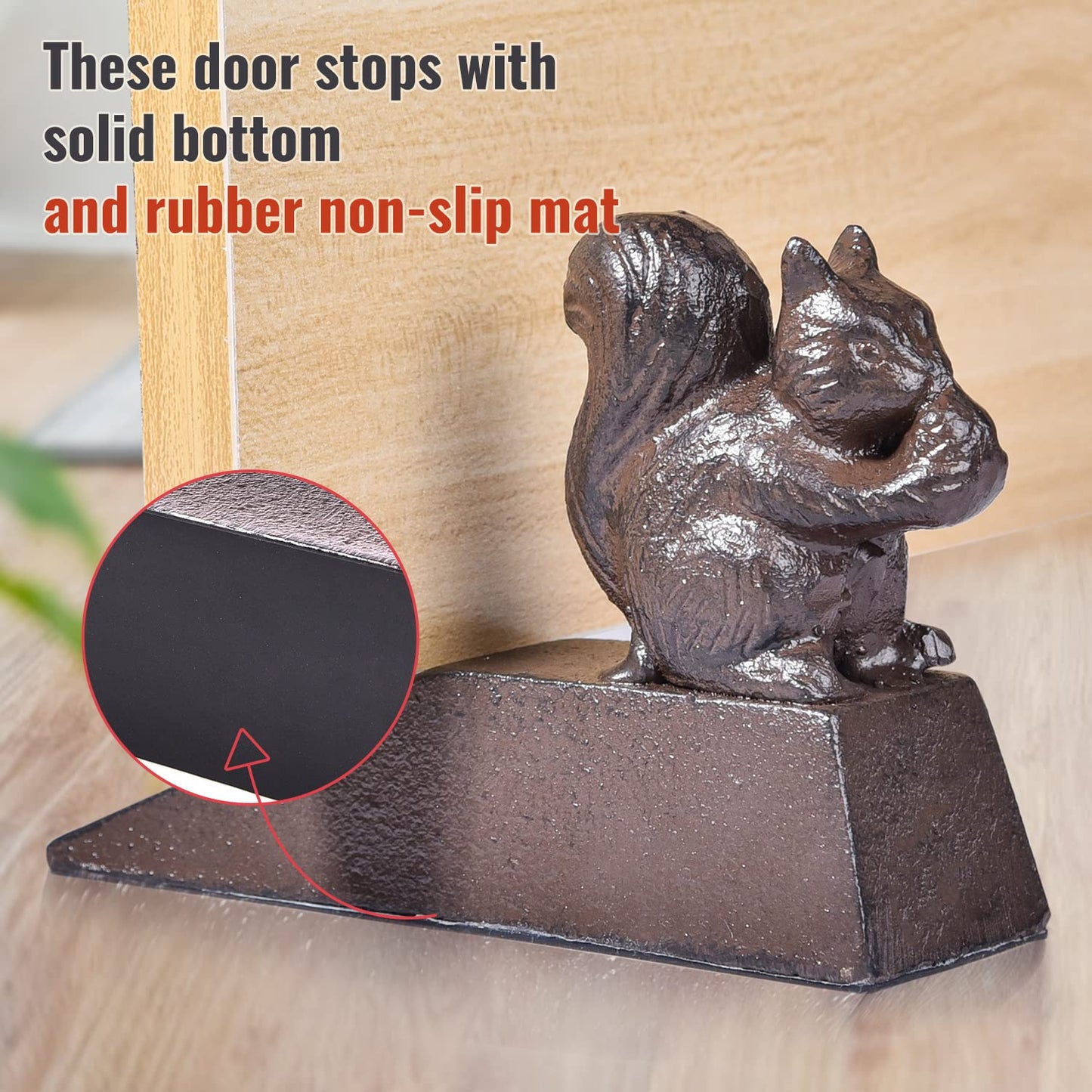 Sungmor Heavy Duty Cast Iron Squirrel Door Stops | Decorative Cute Animal Statue Metal Door Stopper Wedge with Non-Slip Mat | Solid & Antique Style Windproof Door Holder for Patio Garden Farmhouse
