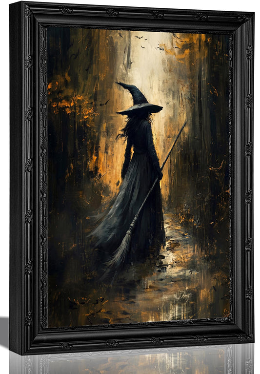 Black Framed Gothic Witch Canvas Wall Art,Gloomy Vintage Broom Witch Painting Picture Wall Decor,Halloween Moody Forest Poster Print Artwork,for Living Room Bedroom Home Decoration,9x11in