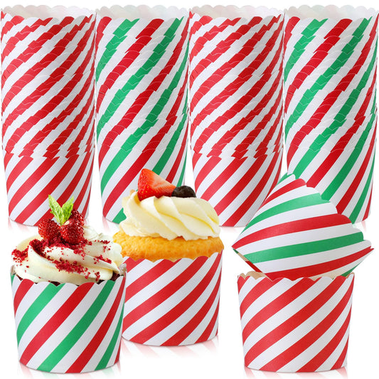 Jingmore 100 Pcs Christmas Cupcake Liners Bulk Baking Paper Cup Xmas Muffin Wrappers Candy Pattern Baking Cup for Christmas Birthday Decoration, 2.8" x 2.4" x 2.2"(Striped Color)