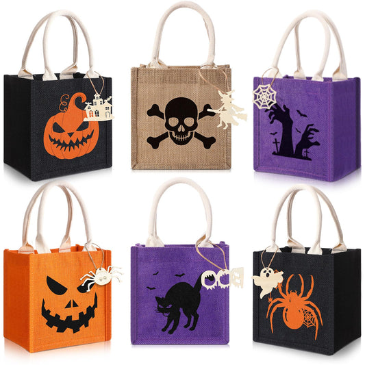 Sweetude 6 Pack Easter Bunny Burlap Bags with Tags Easter Reusable Treat Bags with Handles Jute Linen Tote Candy Gift Wrapping for Spring Party Favors Supplies (Spooky)