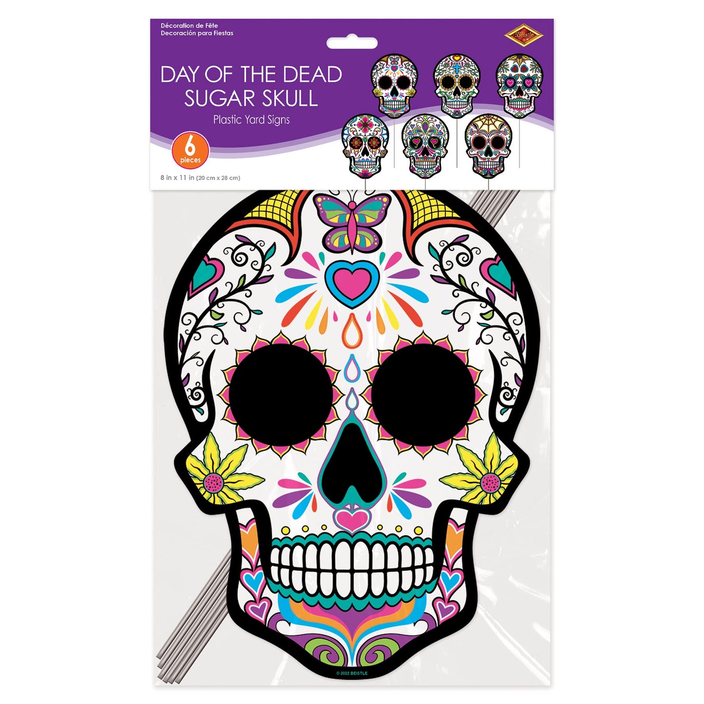 Beistle 6 Piece Corrugated Plastic Day of The Dead Decorations Sugar Skull Yard Signs for Dia De Los Muertos Party Supplies Celebrations, Made in USA Since 1900