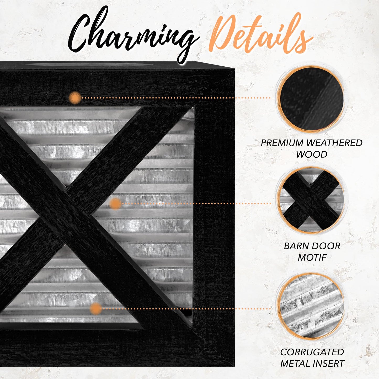 Autumn Alley Barn Door Square Farmhouse Tissue Box Cover in Black and Galvanized – Farmhouse Bathroom Accessories – Rustic Bathroom Décor Tissue Holder | Wood Galvanized Tissue Box Cover