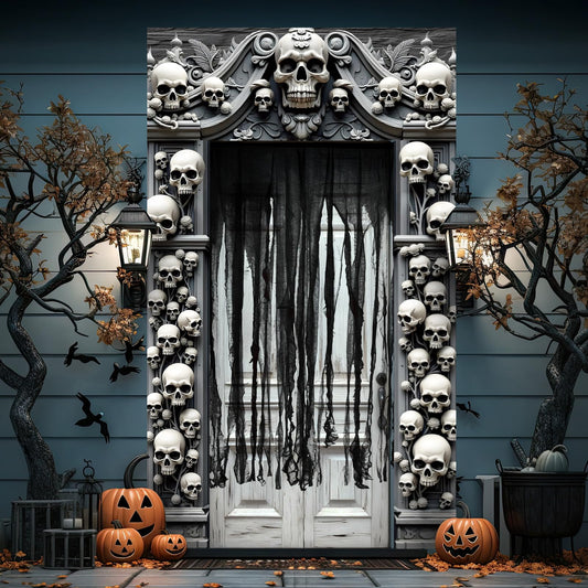 Mindsoft 4 Pcs Halloween Cemetery Archway Door Cover Decoration Kit- Large Skeleton Front Door Banner Scary Gauze Cover for Indoor Outdoor Archway Garage Haunted House Party Trunk or Treat Car Decor