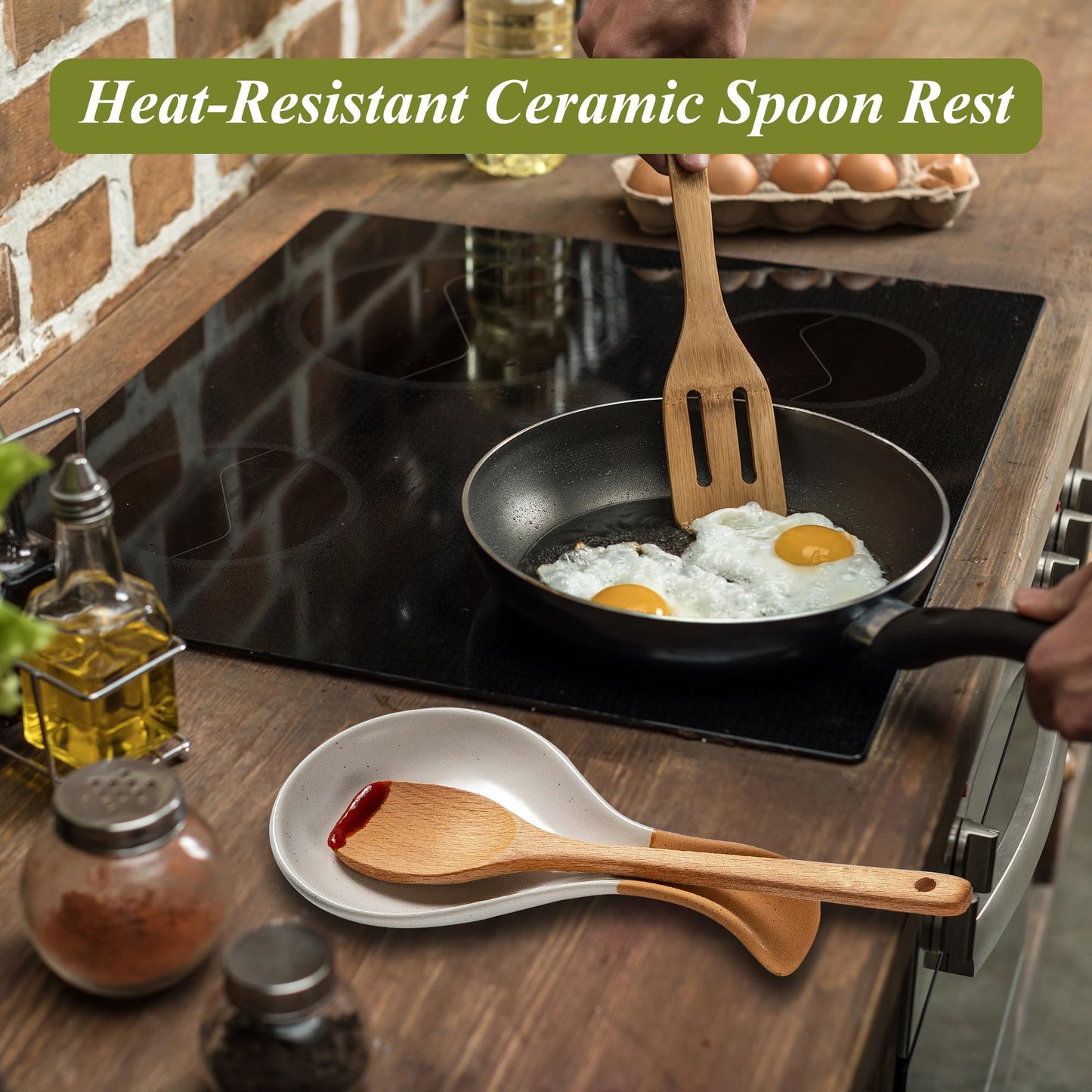 Caigmo Spoon Rest for Stove Top, Heat Resistant Ceramic Utensil Rest for Kitchen Countertop, Coffee Spoon Holder, Dishwasher Safe, White & Terracotta
