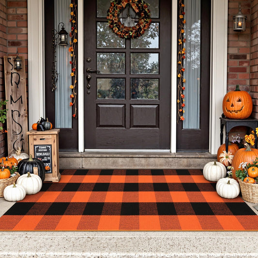 Uphome Bufflo Plaid Outdoor Rug 2'x4.3', Fall Decor Checkered Front Door Mat, Indoor Outdoor Farmhouse Porch Rug for Layered Door Mats, Washable Halloween Black/Orange Runner for Patio Entryway