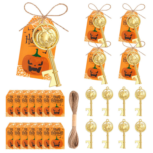 24Pcs Halloween Beer Bottle Opener Bulk Halloween Party Favors 4 Types Pumpkin Expression Bottle Openers Keychains Decoration with Cards and Ropes, for Home Decor Indoor Party Supplies Festival Gift