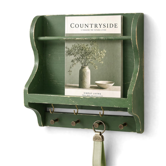 Pine Wood Mail Organizer Wall Mount for Room Decor - Mail Holder for Wall with 7 Key Hooks for Keys, Sunglasses & Wallets - Magazine Holder for Home Organization (Green)