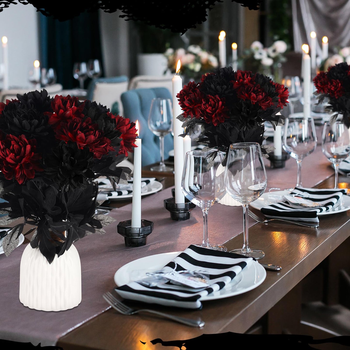 Tigeen 30 Pcs Black Burgundy Flowers Artificial Dahlias Gothic Flowers with Stems Faux Dahlia Long Stem for Wedding Halloween Bridal Bouquet Harvest Table Centerpieces Home Decor Floral Arrangements