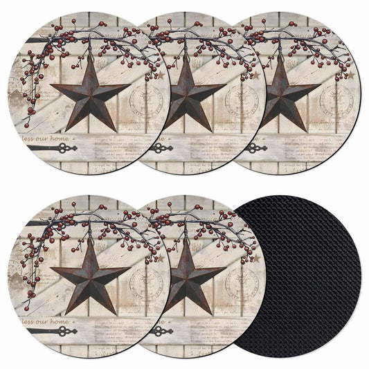 Qiaullityot Brown Black Texas Star Coasters Set of 6, Vintage Country Star Absorbent Coasters for Drinks, Farmhouse Berry Coaster for Desk Coffee Table Protection, Home Decor House Warming Gifts 4"