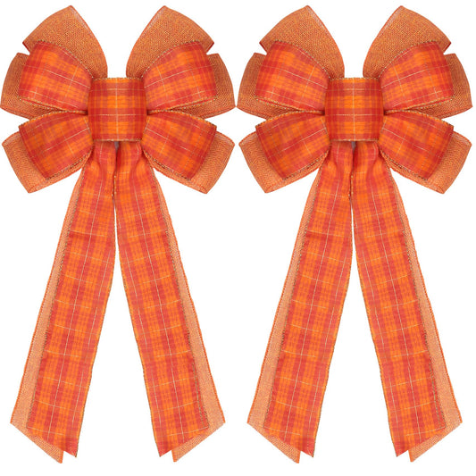 Fall Decorations for Home,2Pcs Autumn Bows for Wreaths Thanksgiving Halloween Holiday Front Door Mantle Tree Topper Office Classroom Party Outdoor Decor Orange