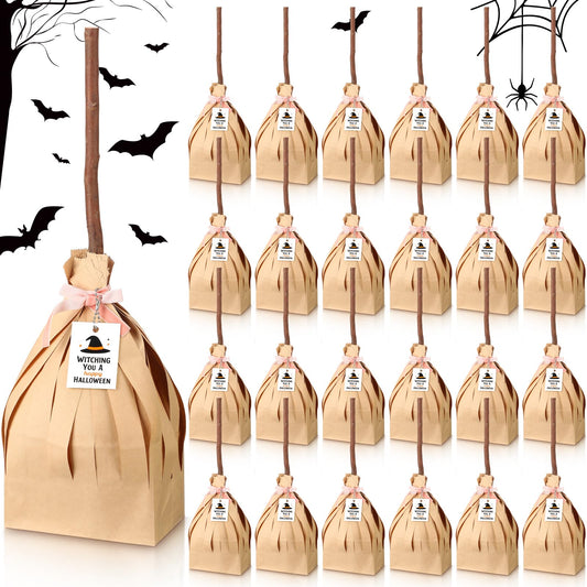 Geyoga 96 Pcs 25" Halloween Treat Bags Large Witch Broom Candy Kraft Paper Bag Set (No Need to Crop) with Pink Cable Tie, Gift Card and Real Dry Branches for Halloween Trick or Treat Party Supplies