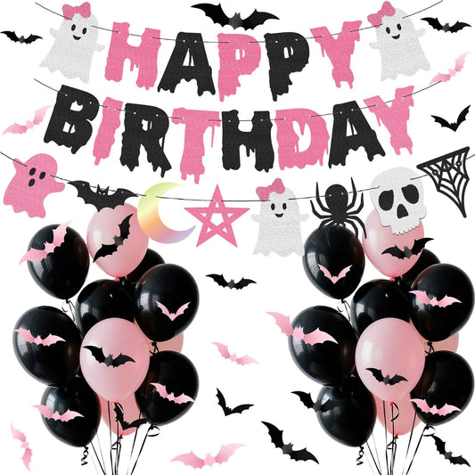 Halloween Happy Birthday Banner Garland 12in Pink Black Balloons Bat Sticker Set for Baby Shower Pink and Black Halloween Birthday Party Decorations
