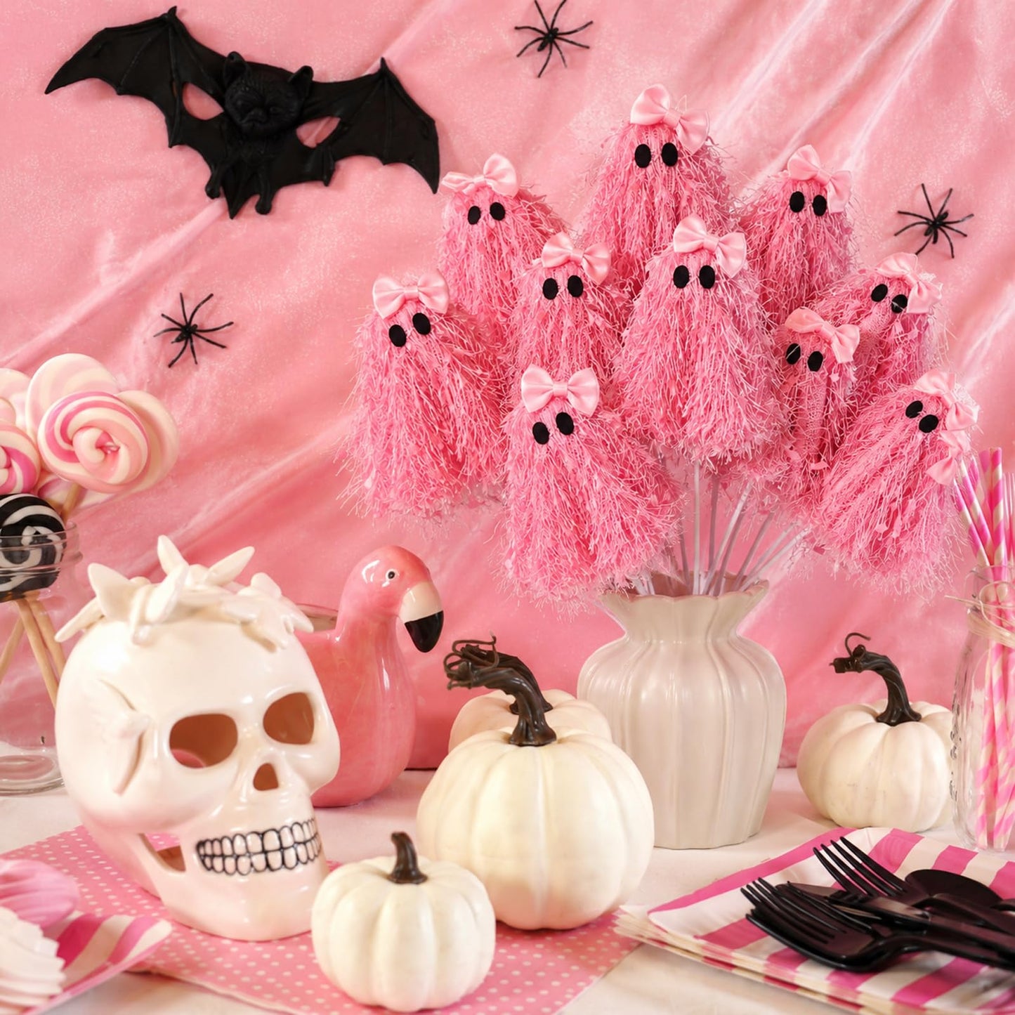Suncalla 12 Pcs 12 Inch Halloween Spooky Ghosts Stems Glitter Ghost Picks with Tassel Gothic Halloween Tree Picks Floral Decor for Vase Floral Arrangements Table Centerpieces Decorations(Pink)