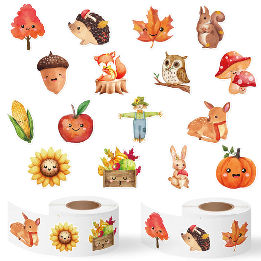 Haooryx Fall Watercolor Sticker Rolls - 1000pcs Fall-Theme Watercolor Pumpkin Maple Leaf Animal Stickers Self-Adhesive Waterproof Vinyl Thanksgiving Harvest Party Favor Page Activity Pad Card Making