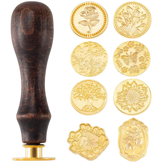 Mxxipp 9pcs Wax Seal Stamp Kit, Brass Sealing Wax Stamps Head & Wooden Handle for Wedding Invitations Cards Envelopes(Tree of Life+Tulip+Vintage Rose+Love Rose+Daisy+Butterfly+Sakura+Leaves)