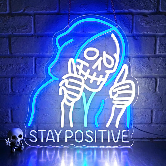 STAY POSITIVE Neon Sign Wall Decor, Motivational Skeleton‌ Lights up, Inspirational LED Sign Halloween Party Decorations for Man Beer Bar Man Cave Pub Garage Workshop