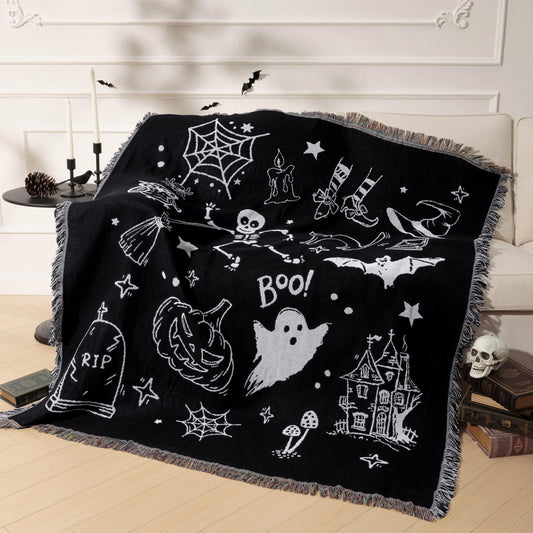 Phantoscope Happy Halloween Blanket, Soft Jacquard Knitted Throw Blanket with Tassel, Warm Cozy Blanket with Skeleton Bat Ghost for Couch Living Room Bedroom, Black, 50 x 60 inches