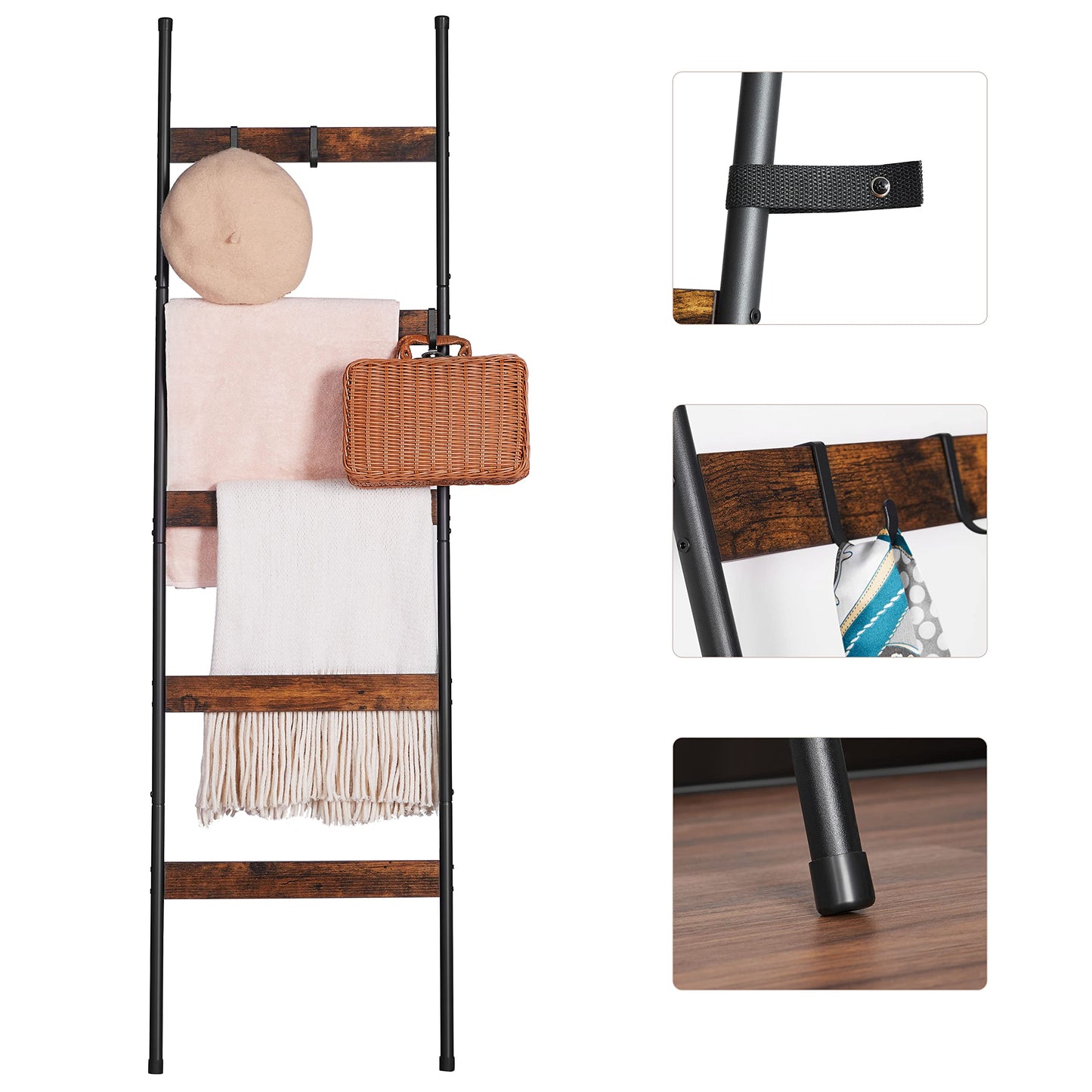 ELYKEN Blanket Ladder, 5-Tier Towel Rack, Wall-Leaning Quilt Holder