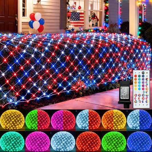 Pooqla RGB Net Lights, Color Changing Christmas Outdoor Mesh Lights, 9.8ft x 6.6ft 204 LED Net Light, Connectable Plug in Waterproof Tree Light Bushes Yard 4th of July Decoration