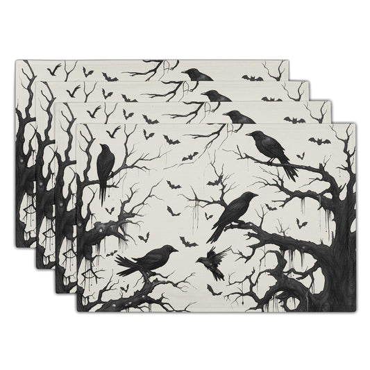 Crow Halloween Placemats Set of 4 18x12 Inch Ravens and Bats in Forest Linen Place Mats Heat-Resistant Washable Wipeable Holiday Table Mat for Party Kitchen Dining Room Dinner Table Decor
