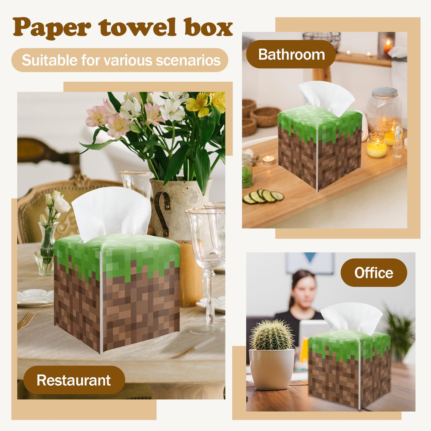 Pixel Grass Block Leather Tissue Box Cover, Square Holder