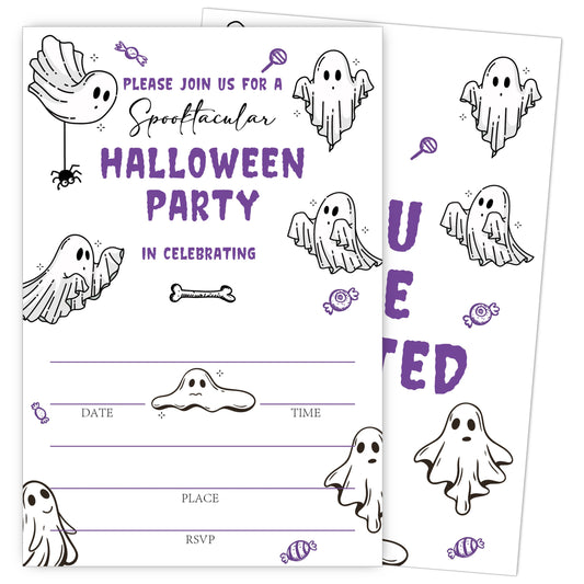 SIXEIGHT Purple Halloween Party Invitations, Cute Ghost Halloween Invitations for Boys Girls, 25 Pack Purple Invite Cards with Envelopes, Wedding Birthday Baby Shower Party Decorations-E06
