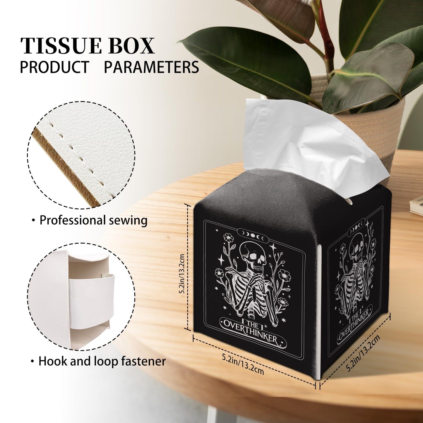 Grace Yonks Cute Tissue Box Cover Square - Gothic Skeleton “The Overthinker” Print, Funny Tarot-Inspired Design 5.2" PU Leather Holder for Vanity, Bathroom Counter - Cube Case for Facial Tissues(024)