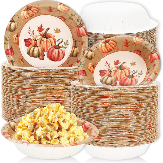 Whaline 100 Pcs Fall Paper Bowls Pumpkin Leaves Disposable Serving Bowls Watercolor Pumpkin Ice Cream Bowl for Autumn Thanksgiving Party Supplies