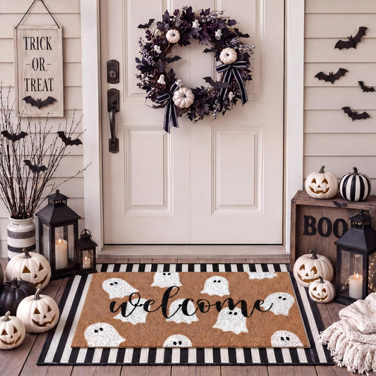 Tinideya 2 Pcs Halloween Door Mat Outdoor Cute Ghost Welcome Doormat for Front Door Non Slip Layered Ghost Coir Floor Mat Black White Stripe Halloween Rug for Outside Front Porch Entryway Decor