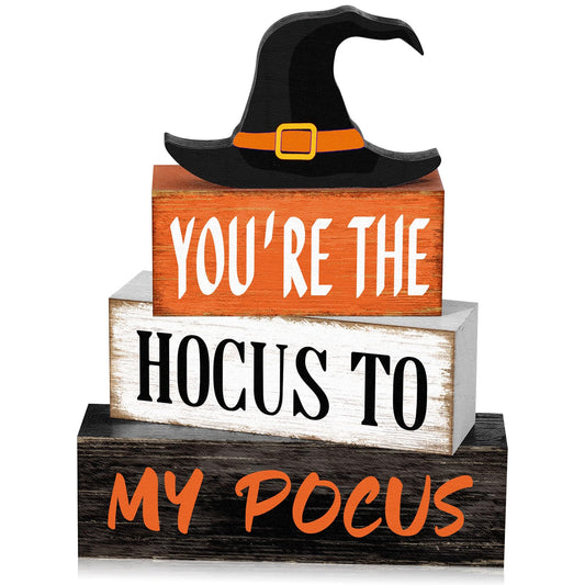 Yuntau 4 Pcs Halloween Hocus Pocus Table Decor Witch Hat Wooden Signs Distressed You're the Hocus to My Pocus Tabletop Centerpieces Witch Tiered Tray Decor Rustic Halloween Decorations for Home Desk
