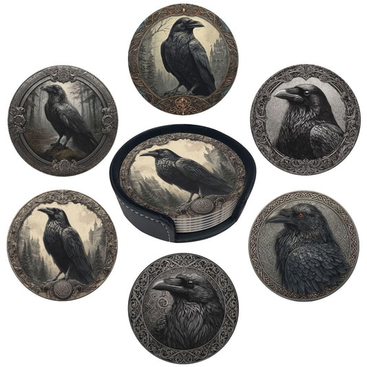 sunwarshile Raven Coasters for Drinks with Holder Round Leather Coasters Set of 6 Cups Mugs Mat Pad for Home Kitchen Bar