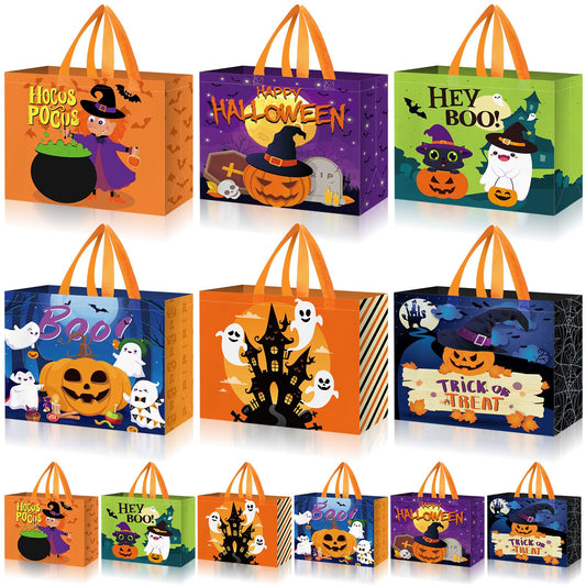 Sweetude 12 Pcs Large Halloween Tote Gift Bags with Handles Bulk Halloween Trick or Treat Bags Non-woven Reusable Pumpkin Ghost Bat Monster Tote 13inch for Gifts Wrapping Party Favor Supply