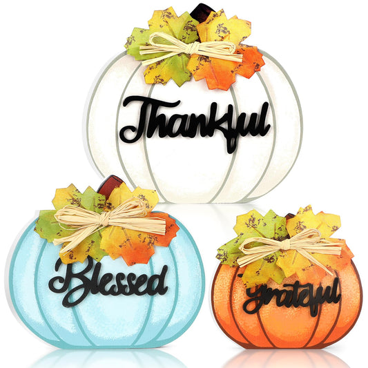 3 Pcs Thanksgiving Pumpkin Decorations for Home Wooden Block Table Sign Thankful Blessed Grateful Tabletop Tiered Tray Decor for Office Desk Shelf Farmhouse Vintage Fall Harvest Party Rustic Halloween