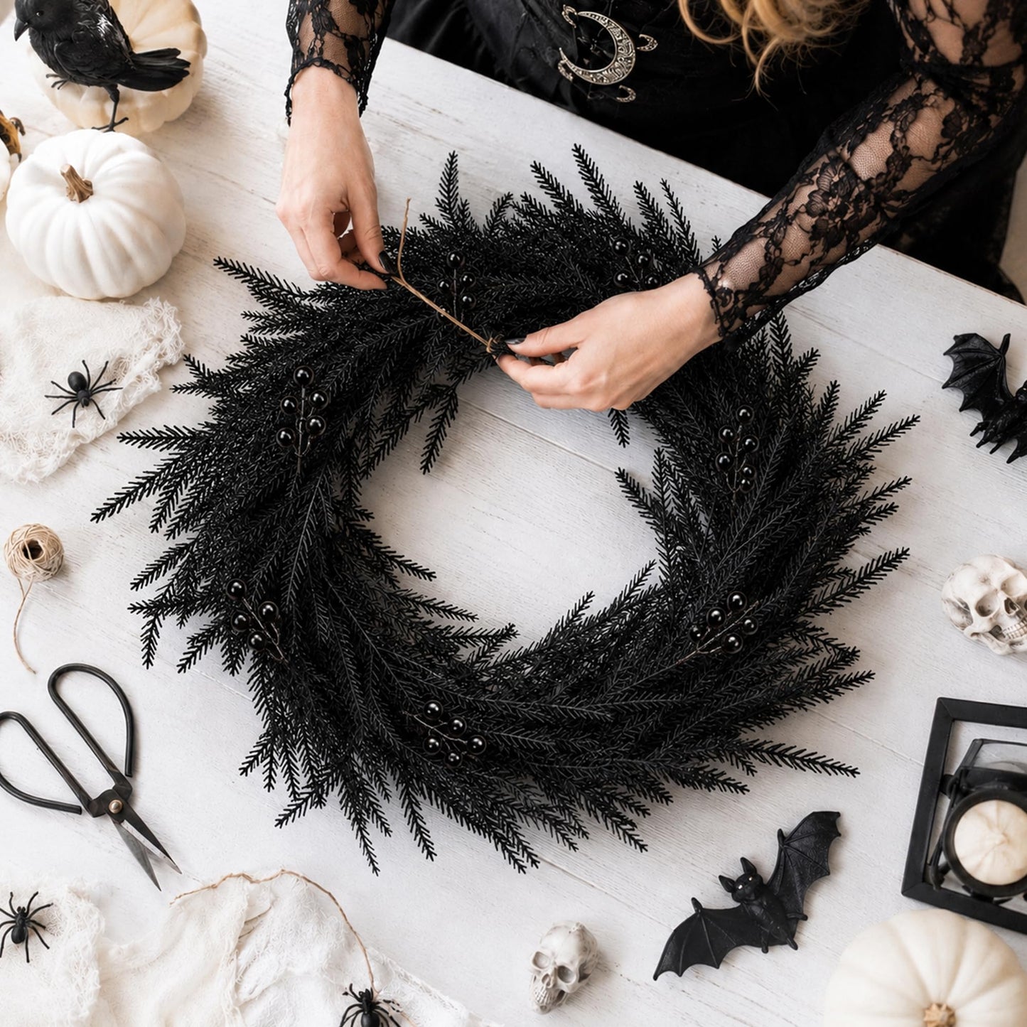 Watayo 45 Pcs Halloween Artificial Tree Branches Set, Black Norfolk Pine with Berry Picks, Halloween Fake Stems Centerpiece for Vase Garland Table Party Decor
