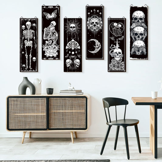 Sintuff 6 Pieces Black Gothic Wall Decor Skull Wall Art Boho Sun Moon Phases Snake Gothic Hanging Wooden Minimalist Skeleton Art Prints Vintage Pediments for Room Living Bedroom Bathroom
