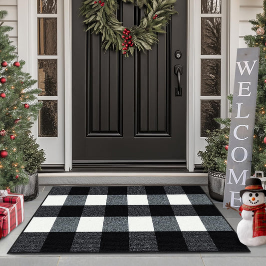 Buffalo Plaid Outdoor Rug, 20"x32" Checkered Front Door Mat, Non Slip Absorbent Entryway Rug Doormat, Washable Rugs for Layered Door Mats Porch/Front Porch/Farmhouse Black and White for Indoor/Outdoor