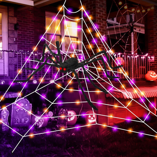 Halloween Giant Spider Web Lights, Spider Web Decoration with 50" Plush Spider & Stretch Cobweb, Powered by Adapter Plug, Remote Control 8 Lighting Modes, Perfect for Scary Halloween Yard Decorations