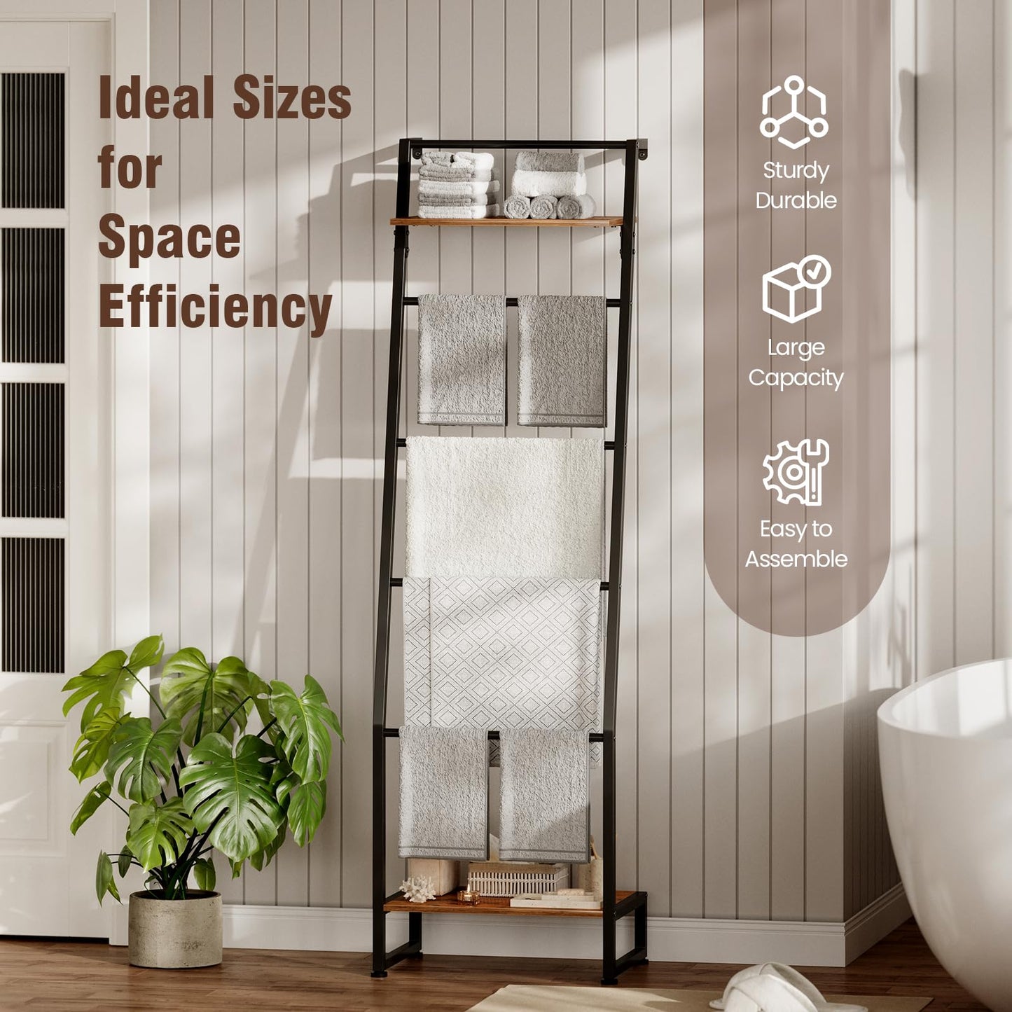 Nuoex Blanket Ladder with Shelf, 6 Layer Wall-Leaning Blanket Rack, Farmhouse Blanket Shelf for Storage and Home Decor, Freestanding Rack for Bathroom, Rustic Brown and Black