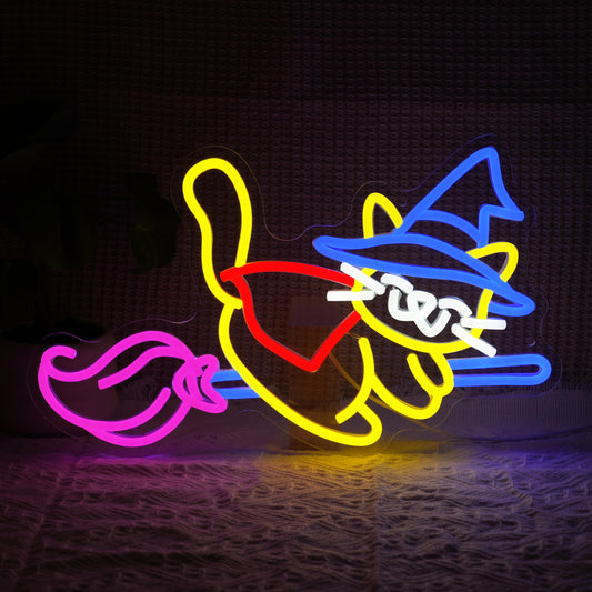 Halloween Magic Cat Neon Sign for Halloween Decor Cat Witch Neon Light Cute Magic broom Light Up Sign for Halloween Party Bedroom Club Bedroom House Kid’s Room