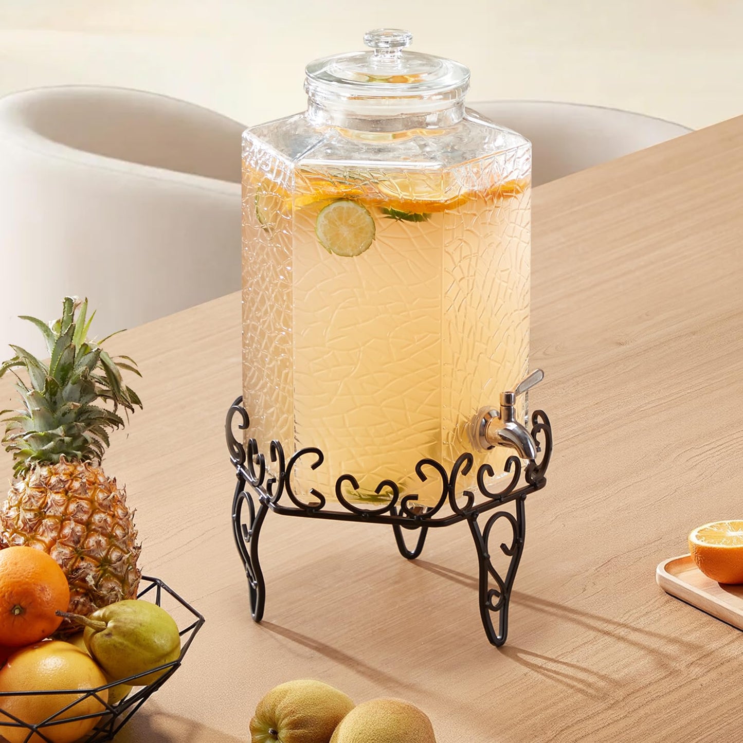 VEVOR Beverage Dispenser, 2.5 Gallon Drink Dispensers for Parties, Glass Juice Dispenser with Metal Stand, Stainless Steel Spigot, Iced Tea Lemonade Juice Water Dispensers for Parties