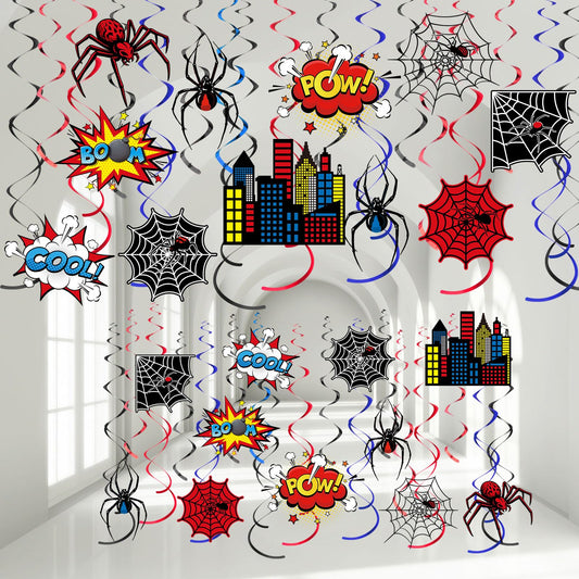 Geyoga 54 Pcs Spider Party Hanging Decor Spider Birthday Hanging Swirl Cityscape Decoration Swirls Hero Decor for Hero Birthday Party Supplies Decoration