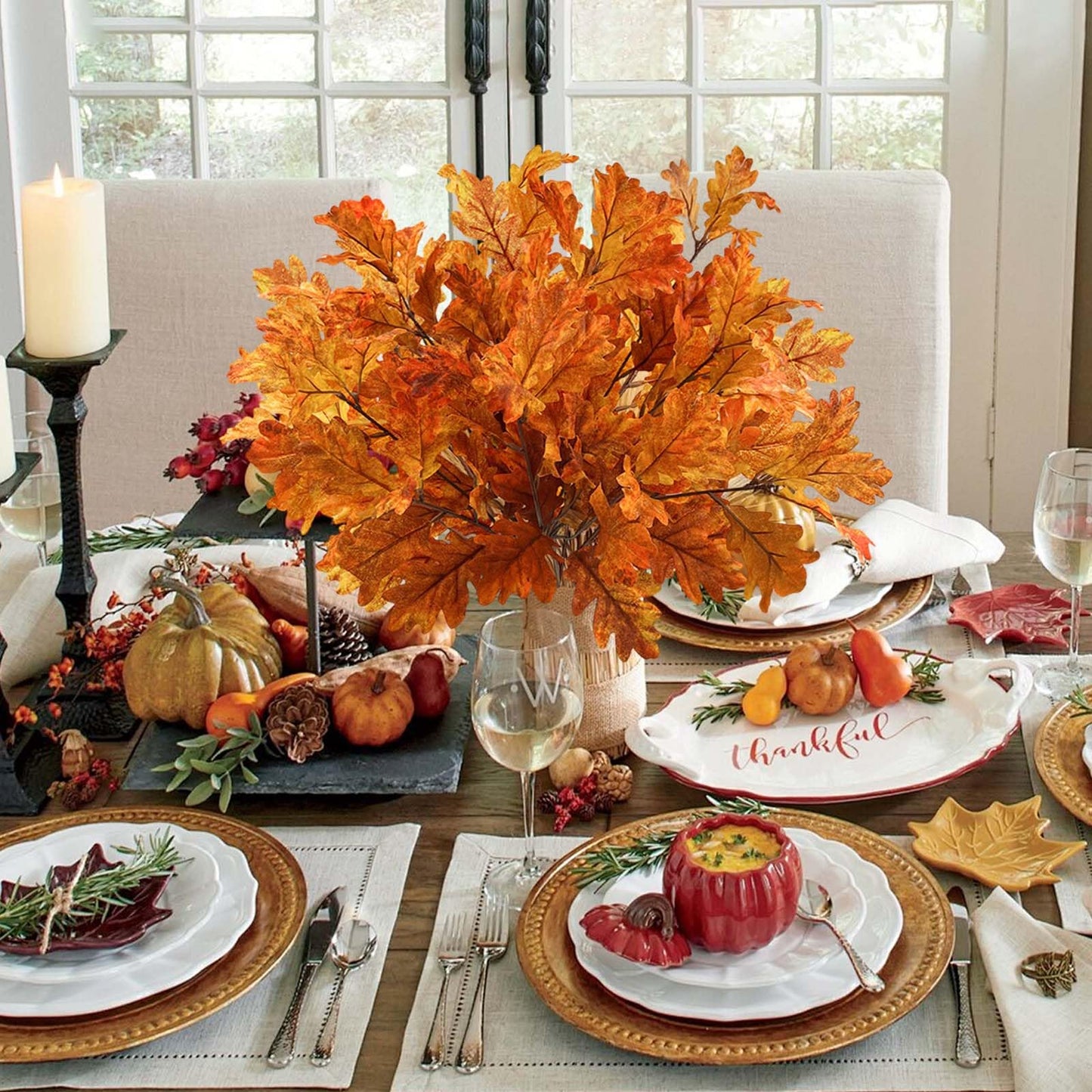 SNAIL GARDEN 2 Pack 21.6in/55cm Artificial Fall Stems with 106 Ombre Leaves,Realistic Autumn Foliage for Vase Fillers, Thanksgiving & Halloween Decor