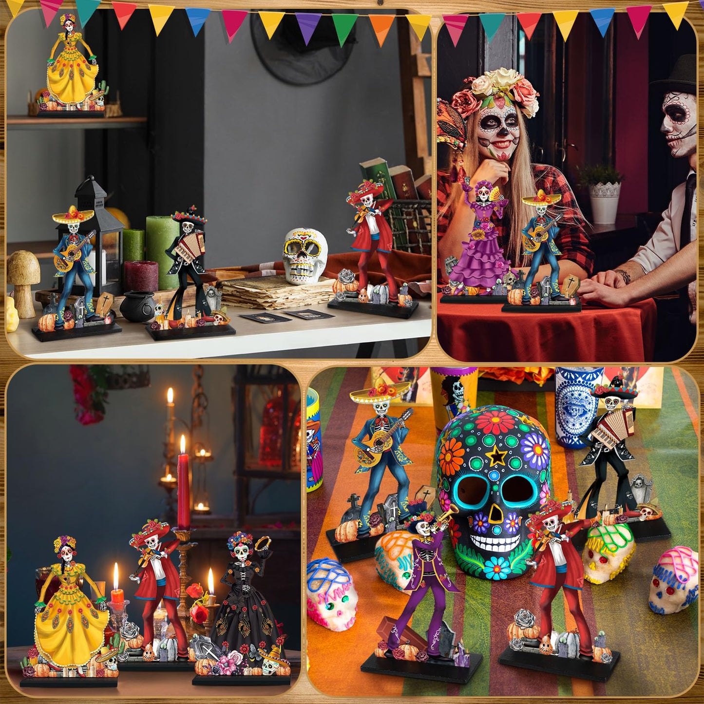 Amyhill 8 Pcs Day of The Dead Table Decorations Dia De Los Muertos Altar Wooden Centerpiece Dancing Couple Sugar Skull Decor Day of The Dead Decor Mexican Tabletop Detachable Sign for Halloween Party