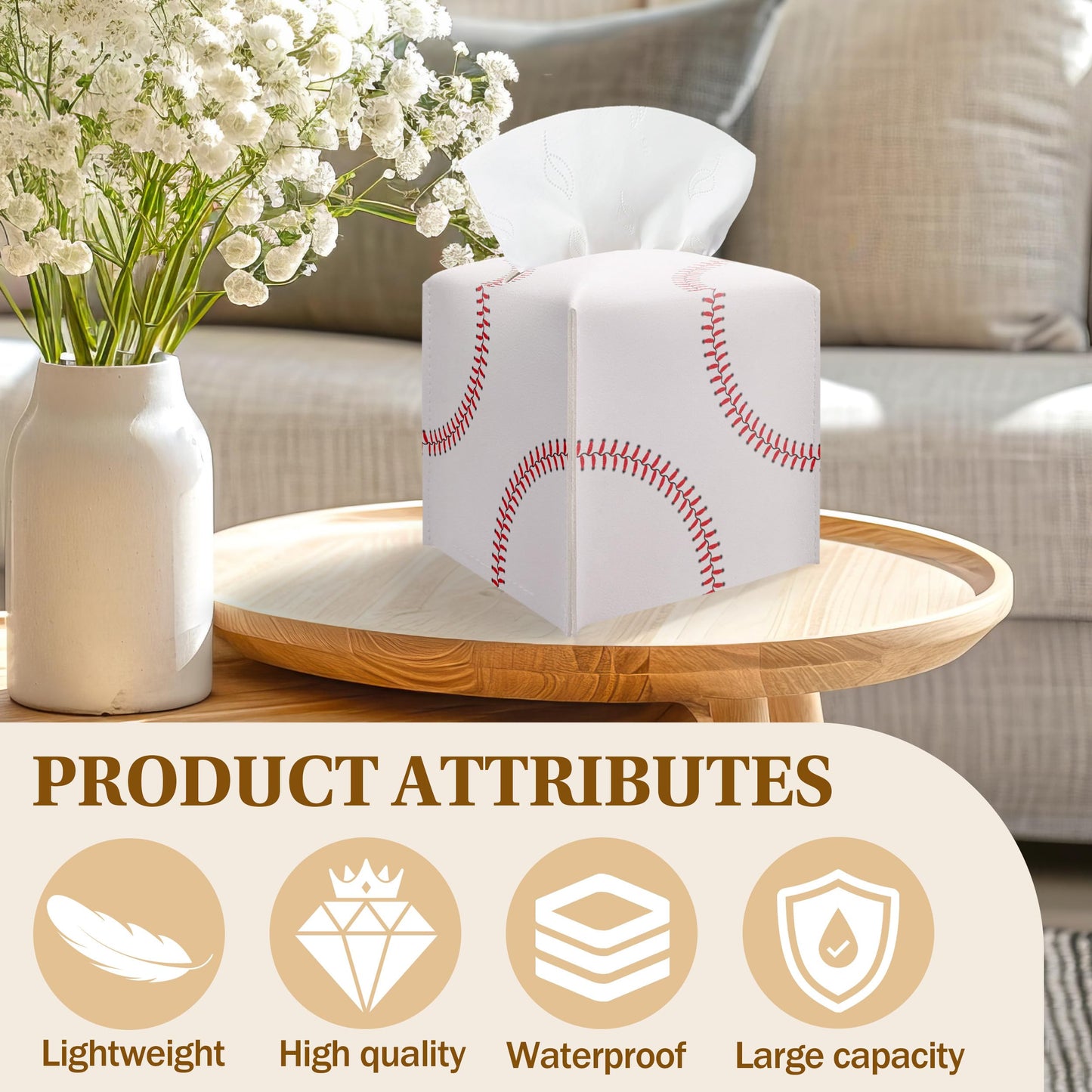 Baseball Tissue Box Cover, PU Leather Square Leather Tissue Box Cover, Decorative acial Paper Organizer for Bathroom, Home Office Car Decorations