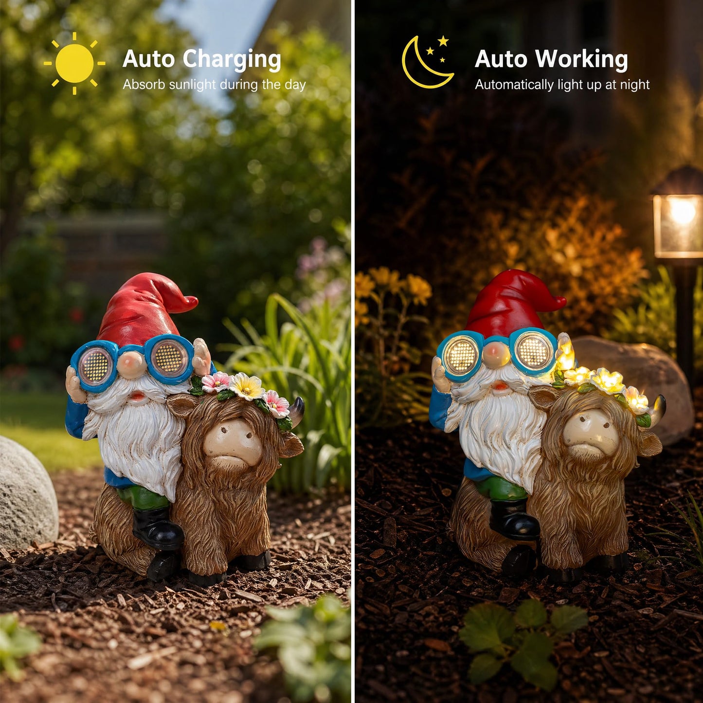 C&Y&G&X Solar Garden Gnome Statue with Highland Cow, Outdoor Solar Garden Decor with LED Lights, Waterproof Resin Yard Art Lawn Ornament for Patio Yard Porch, Gifts for Women Garden Lovers