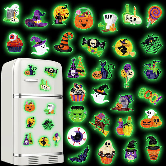 Motipuns 30 Pcs Luminous Halloween Diamond Painting Magnets Kits Glow in the Dark Retro Horror Diamond Art Fridge Magnet Refrigerator Sticker for Beginners Kid Adults Home Decors DIY Art Craft Gifts