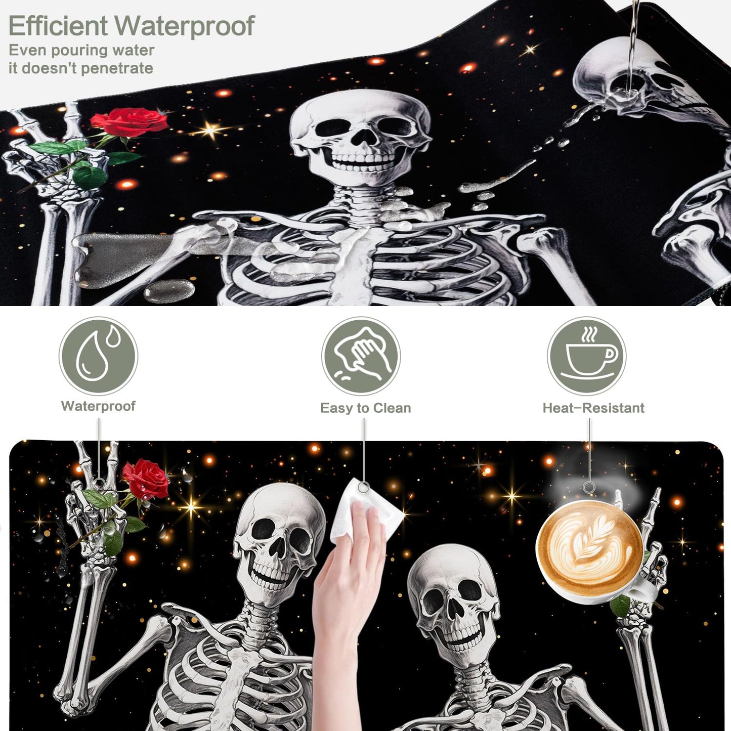 Love, Roses and Skulls Mouse Pad Desk Mat, Waterproof Black XXL Extended Large Gaming Mouse Pad Halloween Skull Rose Desk Pad Mousepad XXL Extended Keyboard Mat Mouse Mat, 31.5 x 15.7 in